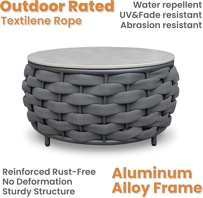 Short Round Patio Coffee Table: Hand Woven Rope Side Tables Assembled - Aluminum Outdoor Accent Table Modern - Metal Porch Furniture for 176lbs Deck Garden Balcony Hotel φ25.6''/65cm, Dark Gray
