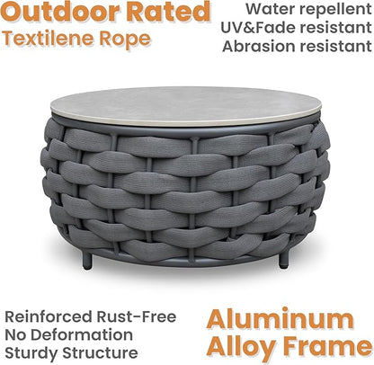 Short Round Patio Coffee Table: Hand Woven Rope Side Tables Assembled - Aluminum Outdoor Accent Table Modern - Metal Porch Furniture for 176lbs Deck Garden Balcony Hotel φ25.6''/65cm, Dark Gray