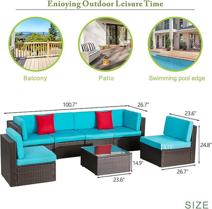 Vongrasig 7 Pieces Patio Furniture Sets, Outdoor All-Weather Wicker Patio Conversation Sets, L-Shaped Rattan Sectional Patio Sofa with Glass Table for Backyard, Blue