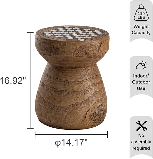 HOMPUS Outdoor Side Table with White Checkerboard Grain Tabletop Mushroom Shaped MgO Lightweight End Tables Modern Vintage Patio Accent Table for Indoor Outdoor Use, Brown & White