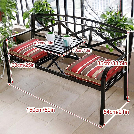 Outdoor Powder Coated Steel Park Bench, Weatherproof Outdoor Bench with Pull-Out Table, Metal Garden Bench for Garden, Patio, Porch, Max Load 660 LBS