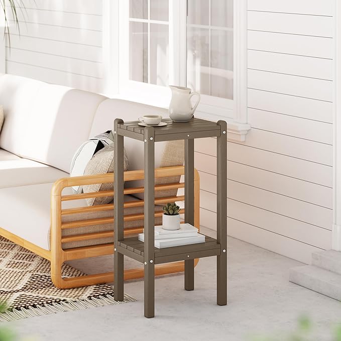 WestinTrends Malibu 36" Outdoor Adirondack HDPE 2-Tier Patio Side Table, Weathered Wood - Photo 2