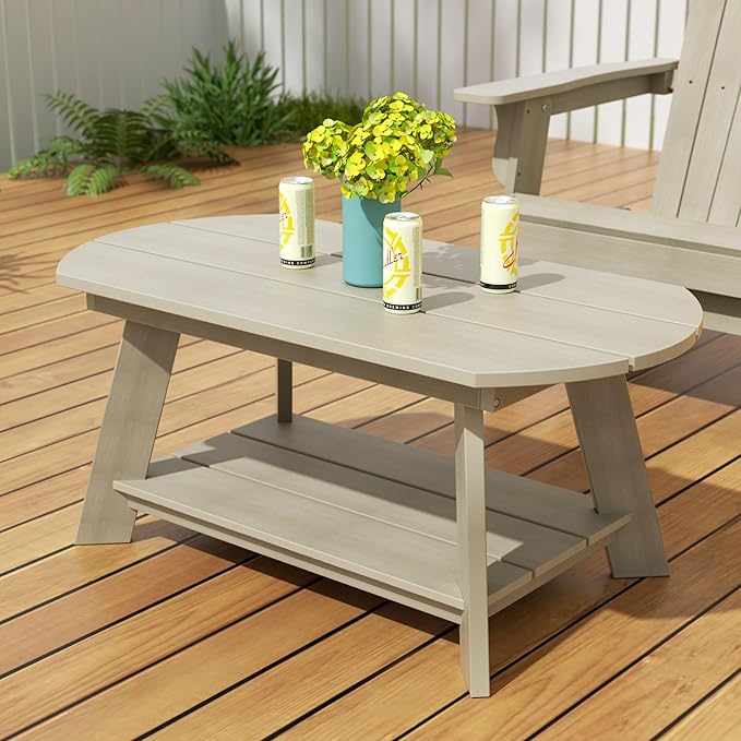 WestinTrends Tuscany Outdoor Coffee Table, All Weather HIPS 2 Tier Patio Adirondack Coffee Table, Weathered Gray