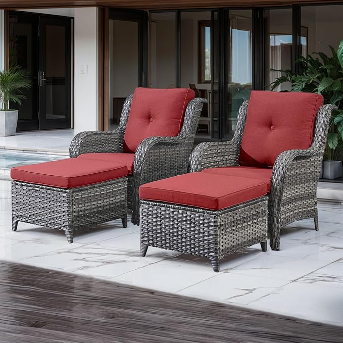 HUMMUH 4 Pieces Patio Furniture Set Wicker Patio Chairs Set of 2 with Ottomans Rattan Outdoor Furniture Conversation - Photo 1