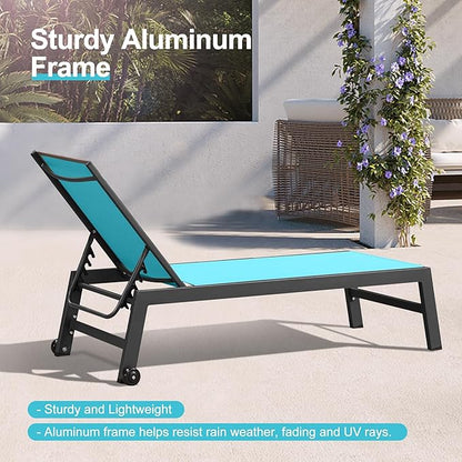 PURPLE LEAF Outdoor Patio Chaise Lounge Set 2 Pieces Pool Lounge Sunbathing Chairs with Wheels Chair for Yard (2 Turquoise Blue Lounges W/Side Table)