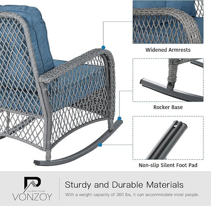 Patio Furniture Set 3 Pieces, Wicker Rocking Bistro Set with Thick Cushions, Outdoor Rocker Chairs and Coffee Table for Porch, Backyard or Garden (Blue)