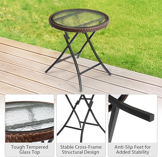 Outdoor Side Table, Round Rattan Patio Side Table, Small Foldable Wicker Table with Tempered Glass Table Top for Lawn Garden Balcony Porch Deck Pool