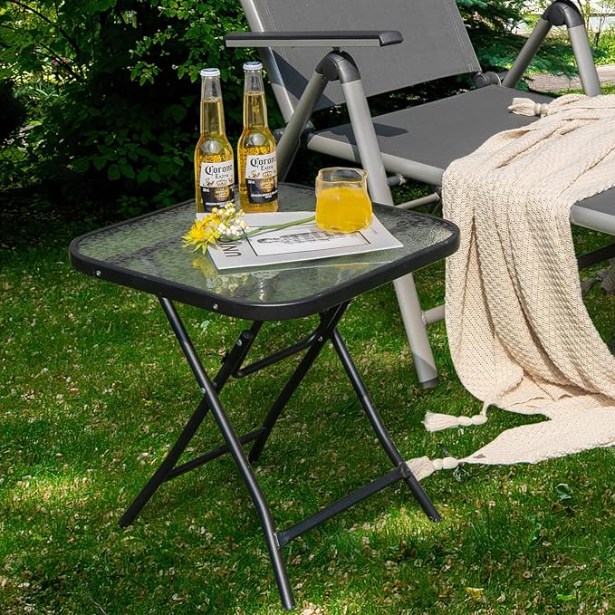 Giantex Folding Side Table, Square Small Patio Table, Tempered Glass Tabletop, Steel Frame, Weather-Resistant Outdoor Indoor Use for Bistro Porch Garden Balcony 18"x18"x18.5"