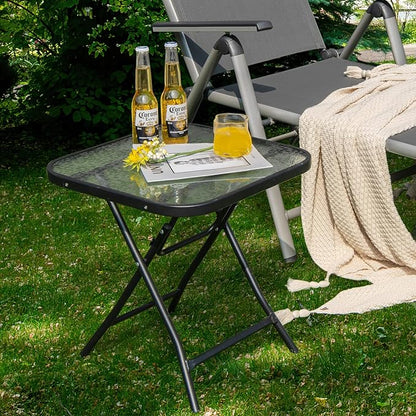 Giantex Folding Side Table, Square Small Patio Table, Tempered Glass Tabletop, Steel Frame, Weather-Resistant Outdoor Indoor Use for Bistro Porch Garden Balcony 18"x18"x18.5"
