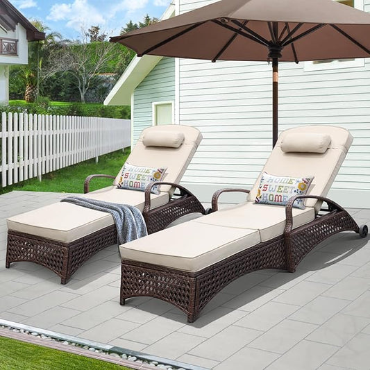 NOBLEMOOD Chaise Lounge Outdoor Wicker Lounge Chair with Wheels, Adjustable 6 Position Pool Reclining Chair with Blue Thickened Fabric Cushion & Pillow, Pack of 2