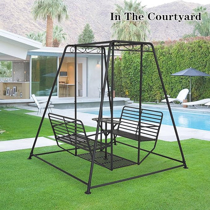 87”H Metal Swing Chair w/Table, Heavy Duty Outdoor Swing Bench with Stand, 4-Seat Swingsets for Patio Garden Yard, 880 LBS Weight Capacity, Easy Assembly, Black