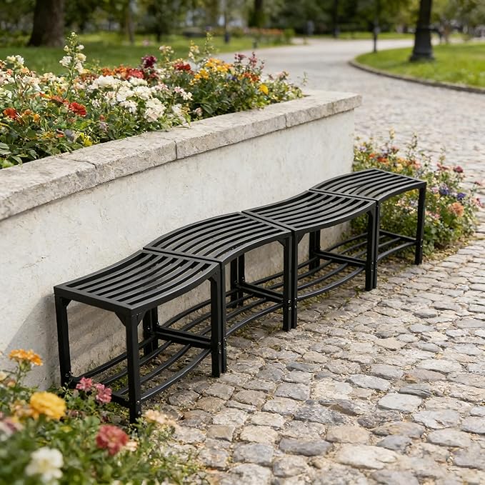 Metal Curved Fire Pit Bench Set of 4,Heavy Duty Steel Backless Benches, Weatherproof Garden Chair Seating Suitable for Backyard, Garden, Porch, and Patio (Black)