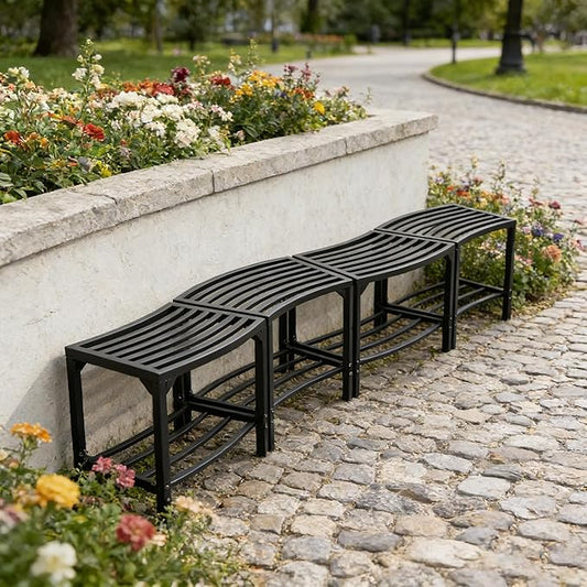 Metal Curved Fire Pit Bench Set of 4,Heavy Duty Steel Backless Benches, Weatherproof Garden Chair Seating Suitable for Backyard, Garden, Porch, and Patio (Black)