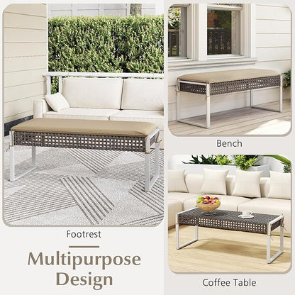RELAX4LIFE Wicker Outdoor Ottoman Footstool - Rattan Patio Foot Rest for 2 w/Soft Cushion & Metal Frame, Multipurpose Coffee Table, 43’’ Seating Bench, Foot Stool for Garden Porch Backyard (1)