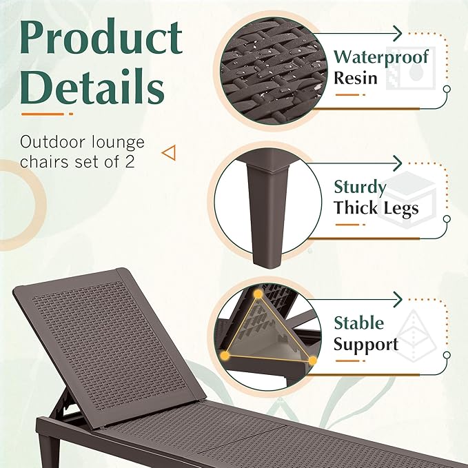 GUNJI Lounge Chairs for Outside Patio Waterproof (Brown)