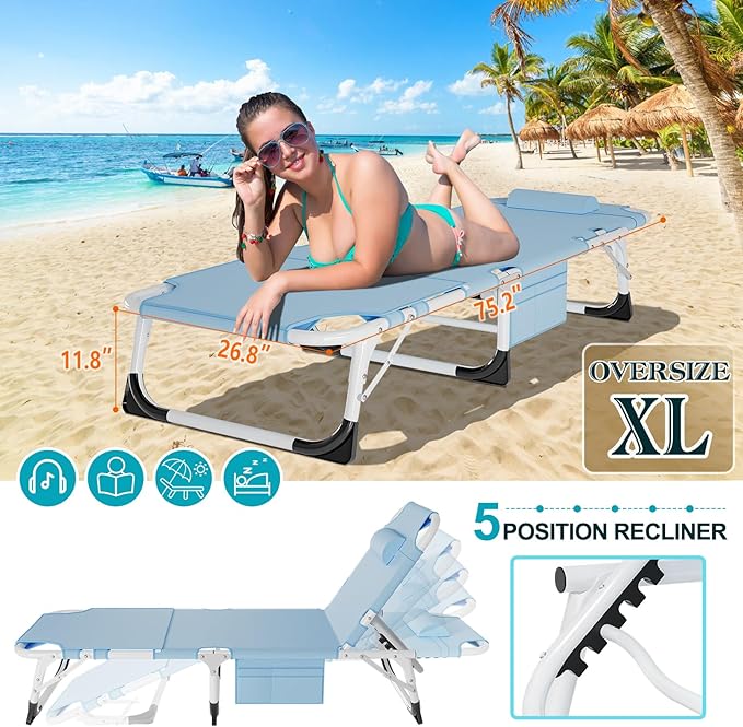 ABORON 3 in 1 Sun Tanning Chair Oversized with Mat&Face Arm Hole, Heavy Duty Folding Chaise Lounge Chairs - Photo 3