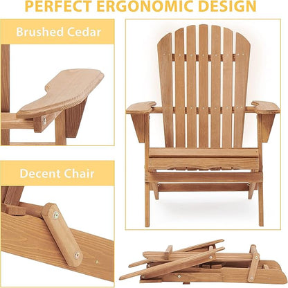 Folding Adirondack Chair Set of 2 Outdoor Wood Patio Chairs with Pre-Assembled Backrest Solid Hemlock Wood Front Porch Chairs for Garden Deck Poolside Fire Pit Light Brown