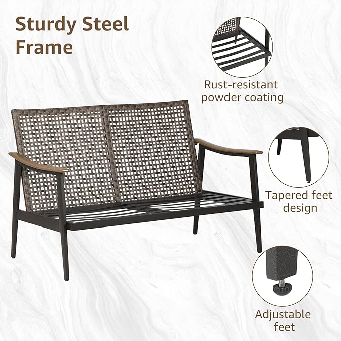 NATURAL EXPRESSIONS Patio Loveseat Sofa Outdoor Furniture Metal Chair with Wicker Backrest & 6 Inches Cushion for Indoor - Photo 6