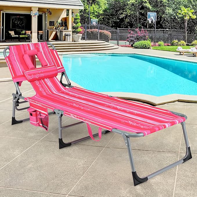 GYMAX Tanning Chair, Folding Beach Lounger with Face Arm Hole, Adjustable Backrest, Side Pocket & Carry Handle, Outside Sunbathing Lounge Chair for Patio, Poolside, Lawn (2, Pink Stripe)
