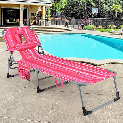 GYMAX Tanning Chair, Folding Beach Lounger with Face Arm Hole, Adjustable Backrest, Side Pocket & Carry Handle, Outside Sunbathing Lounge Chair for Patio, Poolside, Lawn (2, Pink Stripe)