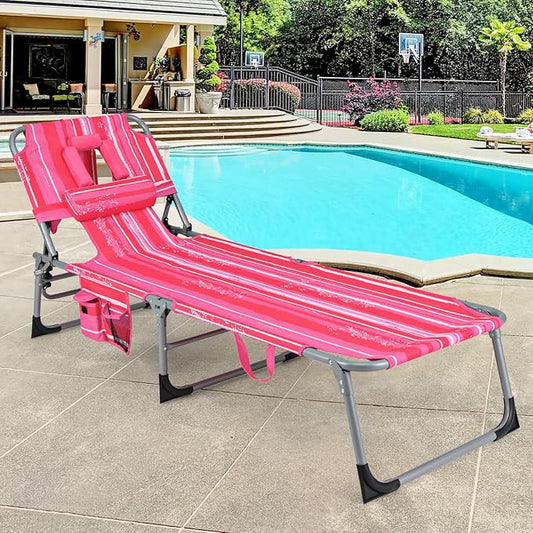 GYMAX Tanning Chair, Folding Beach Lounger with Face Arm Hole, Adjustable Backrest, Side Pocket & Carry Handle, Outside Sunbathing Lounge Chair for Patio, Poolside, Lawn (2, Pink Stripe)
