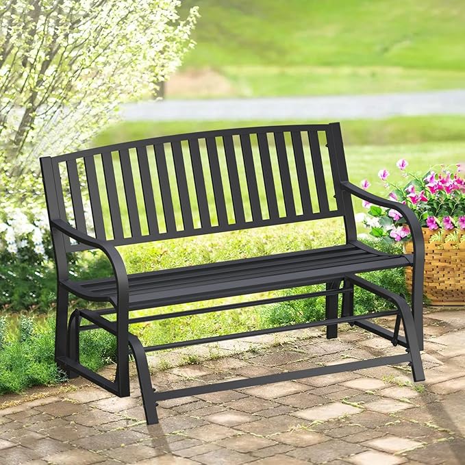 50" Outdoor Porch Glider Bench Patio Gliders, Full Metal Stabilized Steel Frame Finished with Rust Resistant Coating 2 Person Porch Glider, Suitable for Front Yard Garden, Balcony, Poolside