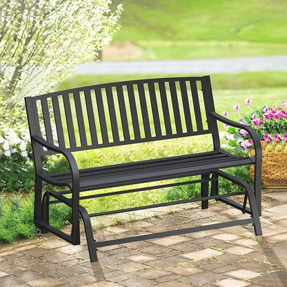 50" Outdoor Porch Glider Bench Patio Gliders, Full Metal Stabilized Steel Frame Finished with Rust Resistant Coating 2 Person Porch Glider, Suitable for Front Yard Garden, Balcony, Poolside