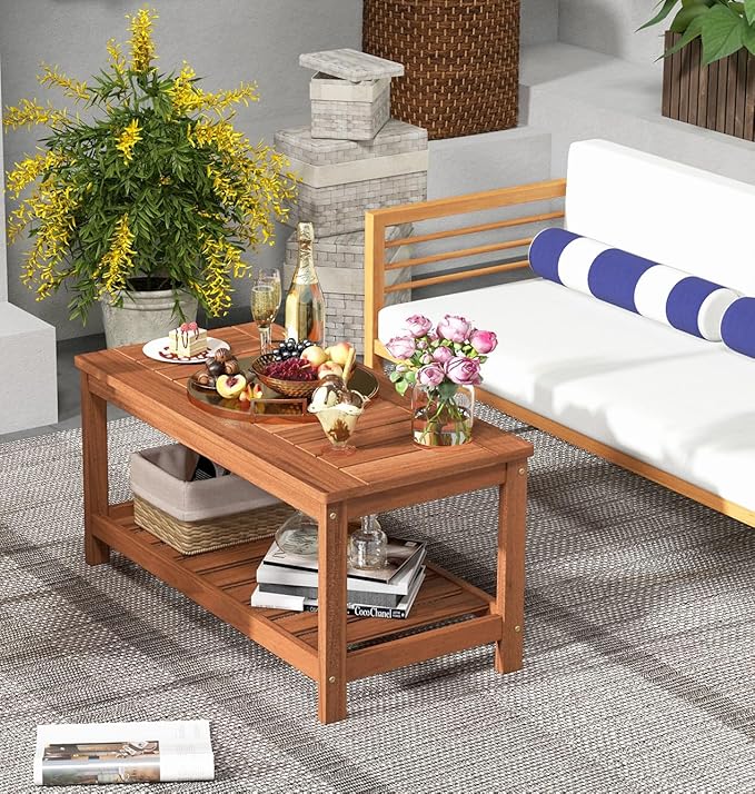 Giantex Hardwood Patio Coffee Table - 2-Tier Wooden Coffee Table with Slatted Tabletop & Storage Shelf, Outdoor Rectangular Center Table for Backyard, Garden, Poolside, Balcony & Indoor, Walnut