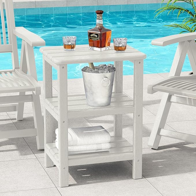 3 Tier Outdoor Side Table Adirondack Side Table HDPE End Table Patio Side Table Rectangle Tables for Outdoor Backyard Garden Balcony (Retro, White)