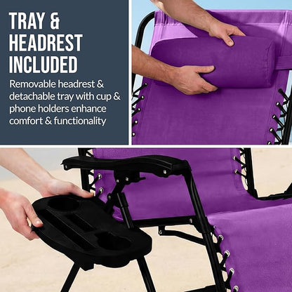 Best Choice Products Set of 2 Extra Wide Adjustable Steel Mesh Zero Gravity Lounge Chair Recliners w/Pillows and Cup Holder Trays - Amethyst Purple