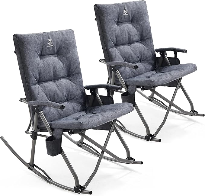 EVER ADVANCED Oversized Folding Rocking Camping Chairs Set of 2, Padded Portable Rocker Chair for Patio, Lawn and Outdoors, Heavy Duty Hard Armchair for Adults Supports 400lbs, Grey