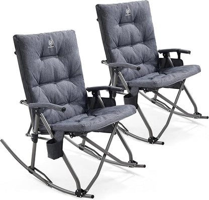 EVER ADVANCED Oversized Folding Rocking Camping Chairs Set of 2, Padded Portable Rocker Chair for Patio, Lawn and Outdoors, Heavy Duty Hard Armchair for Adults Supports 400lbs, Grey