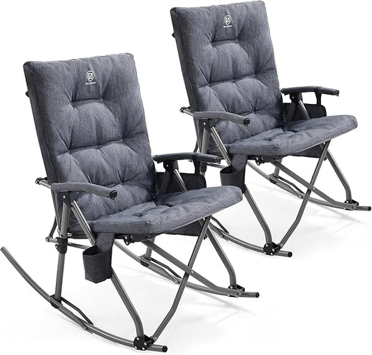 EVER ADVANCED Oversized Folding Rocking Camping Chairs Set of 2, Padded Portable Rocker Chair for Patio, Lawn and Outdoors, Heavy Duty Hard Armchair for Adults Supports 400lbs, Grey