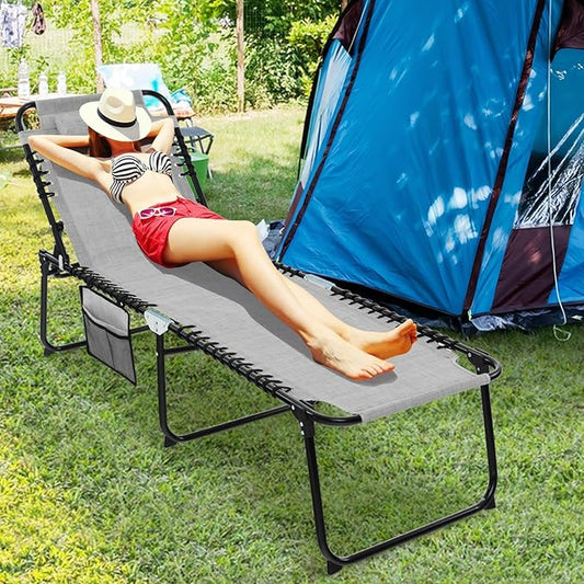 Giantex Patio Lounge Chairs for Outside - Set of 2 Folding Tanning Chair w/Headrest, 4 Adjustable Positions, Side Pocket, Outdoor Chaise Lounge for Camping, Pool, Sunbathing Beach Chair, Grey