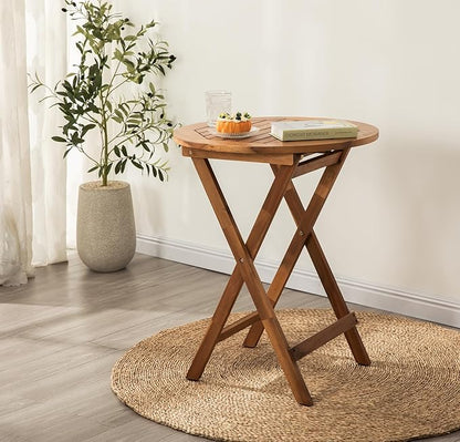 Acacia Wood Round Table, Foldable Waterproof Large, Collapsible Rustic Outdoor Wooden Coffee Tables for Patio Lawn Deck Balcony Bathroom-Natural