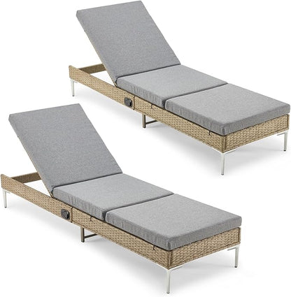 HOMREST Outdoor Chaise Lounge Chair Set of 6, Patio Wicker Lounge Chairs with Adjustable Backrest, Rattan Pool Sunbathing Chaiser with Removable Cushion (Grey)