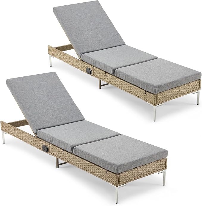 HOMREST Outdoor Chaise Lounge Chair Set of 2, Rattan Pool Sunbathing Recliner with Adjustable Backrest, Patio Wicker Lounge Chairs with Removable Cushion (Grey)