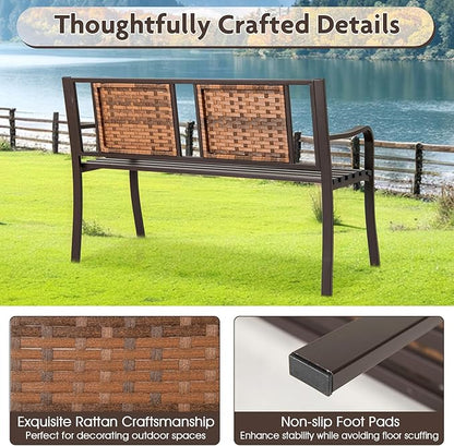 Giantex Outdoor Bench with PE Rattan Backrest, Curved Armrests, Slatted Seat for 2-3 Persons, Heavy-Duty Outdoor Seating Furniture, Garden Bench for Patio, Backyard, Poolside, Porch, Park, Brown