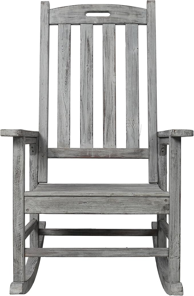 Oversized Wooden Rocking Chair for Porch & Patio 330lbs Capacity Wood Rocker with Wide Seat High Backrest & Armrests Outdoor Indoor Chair for Garden, Balcony, Living Room, Grey
