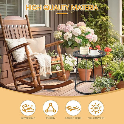 Outdoor Side Table with Flower Cut Outs 14" Weather Resistant Metal Patio Side Tables Small Plant Stand Round Outdoor End Table for Patio Outside Porch Balconies Garden(Black,Hollow Leaf)