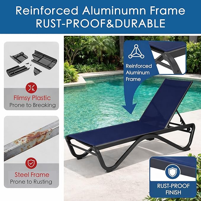 Kozyard Patio Chaise Lounge Chair Outdoor Reclining Adjustable Chair Flat Recline Adjustable Lounge Chair for Sunbathing, Patio, Beach, Lounge (NavyBlue)