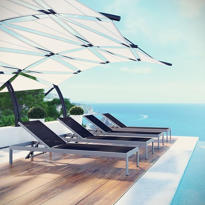 Modway Shore Aluminum Textilene® Mesh Outdoor Patio Four Poolside Chaise Lounge Chairs in Silver Black