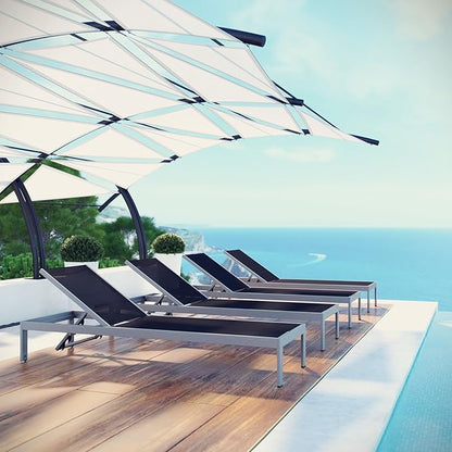 Modway Shore Aluminum Textilene® Mesh Outdoor Patio Four Poolside Chaise Lounge Chairs in Silver Black