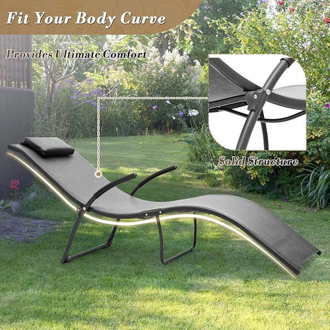 Athena Collection Outdoor Chaise Lounge Set, Metal Frame Pool Lounge Chairs with Folding Side Table and Headrest Armrest, Breathable Sun Lounger for Poolside Backyard Patio Outdoor, Grey