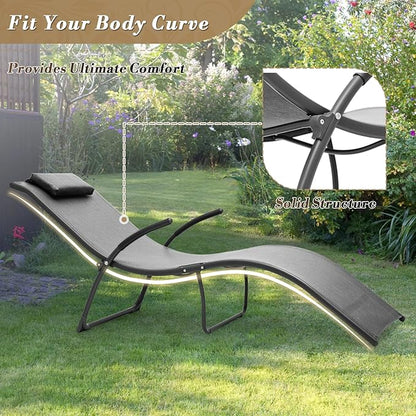 Athena Collection Outdoor Chaise Lounge Set, Metal Frame Pool Lounge Chairs with Folding Side Table and Headrest Armrest, Breathable Sun Lounger for Poolside Backyard Patio Outdoor, Grey