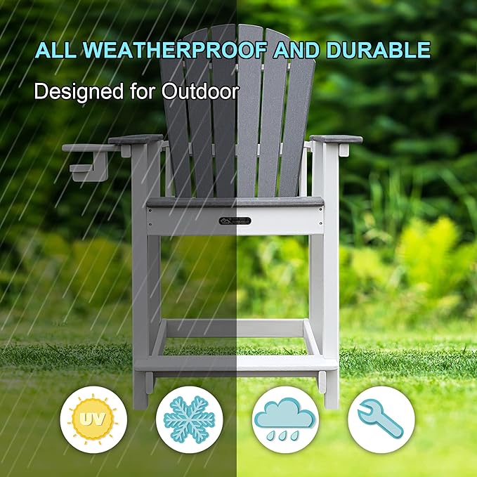Tall Adirondack Chairs, Adirondack Barstools, Weather Patio Garden Pool Fire Pit Balcony Outdoor Bar Stools HDPE Plastic Barstools with Backs for Garden, Backyard, Yard (Grey)