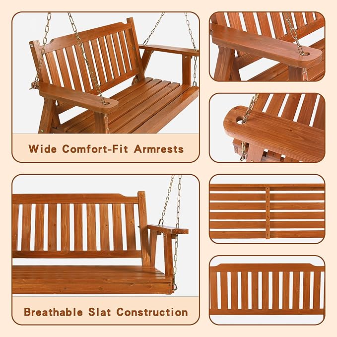 Wooden Porch Swing 2-Seater, Bench Swing with Hanging Chains, Heavy Duty 800 LBS, for Outdoor Patio Garden Yard - Photo 4