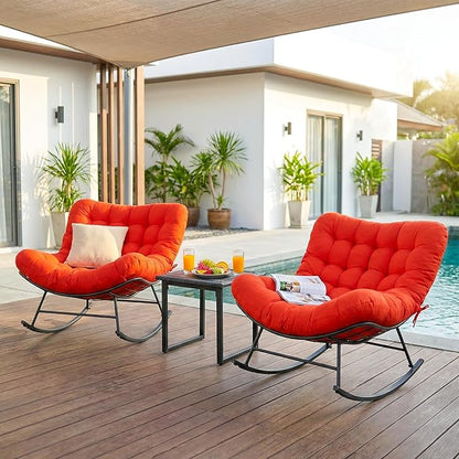 Outdoor Rocking Chairs Set of 2 with Wicker Side Table, Thick Cushioned Papasan Rocking Chairs with End Table, 3PCS Oversized Egg Chair Set for Patio, Porch, Balcony, Bedroom, Living Room, Orange-red