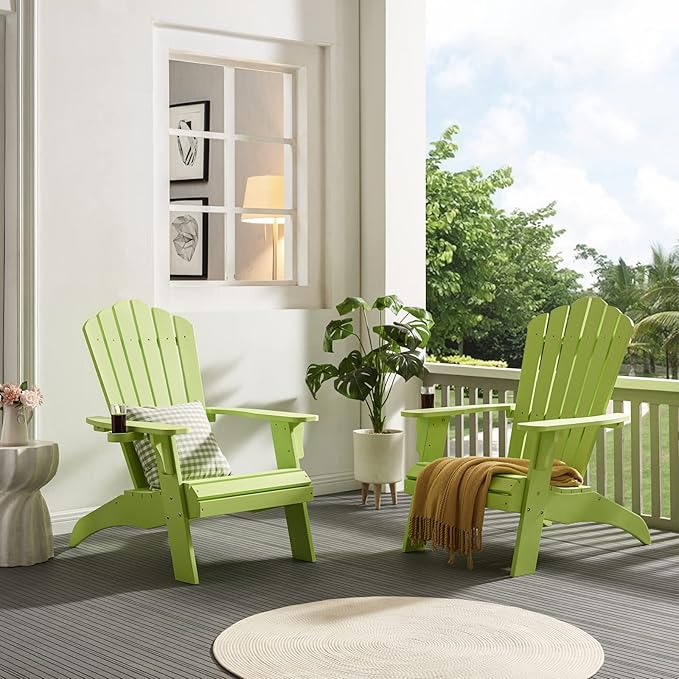 Psilvam Adirondack Chair, Oversized Poly Lumber Fire Pit Chair with Cup Holder, 350Lbs Support Patio Chairs for Garden, Weather Resistant Adirondack Chair Looks Like Real Wood (4, Green)