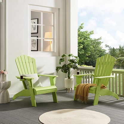 Psilvam Adirondack Chair, Oversized Poly Lumber Fire Pit Chair with Cup Holder, 350Lbs Support Patio Chairs for Garden, Weather Resistant Adirondack Chair Looks Like Real Wood (2, Green)